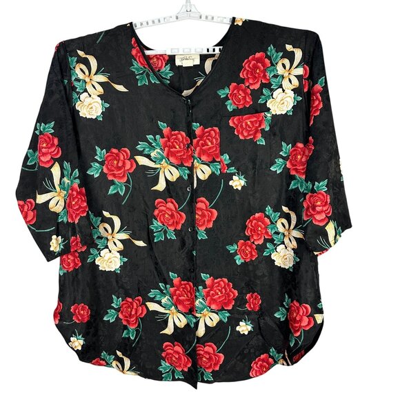 Just My Size Womens 4X Floral Button Front 34 Sleeve Black Blouse Pajama Top - Picture 1 of 11